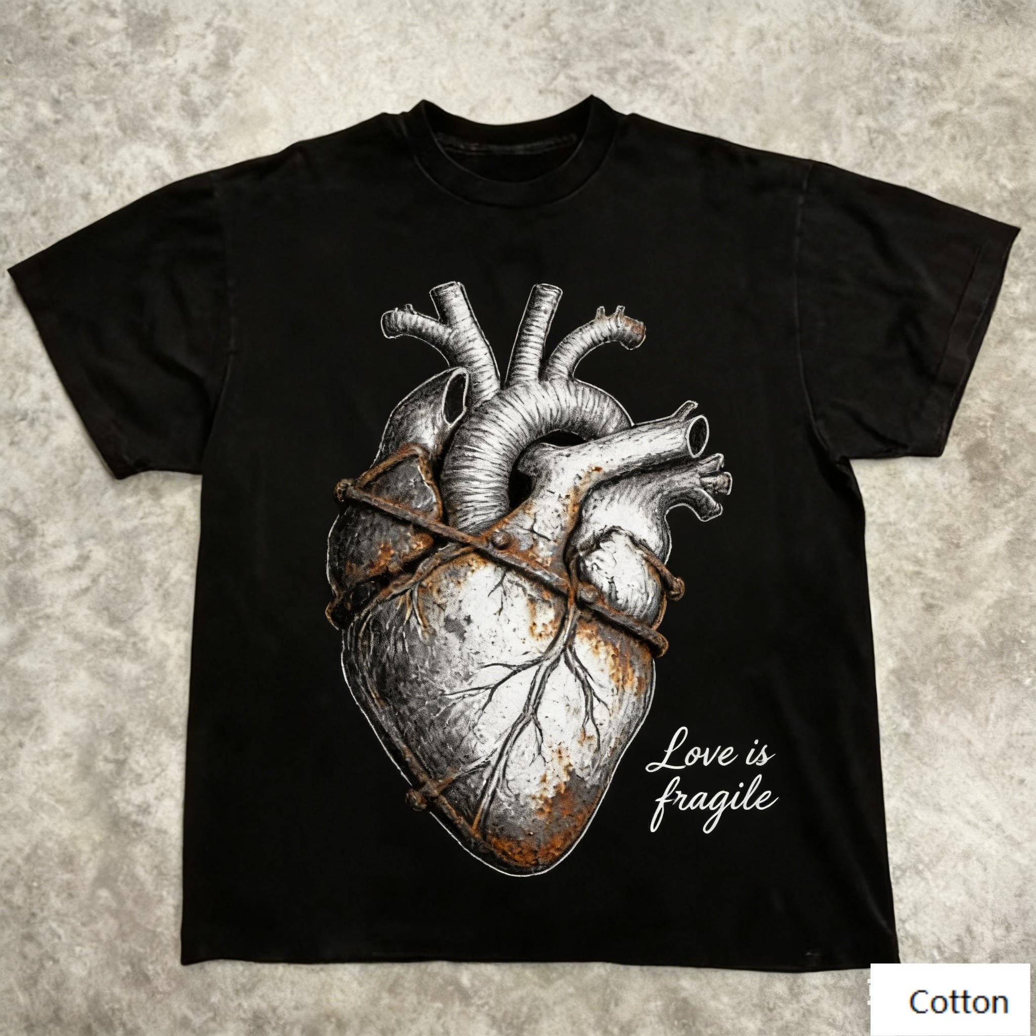 

Streetwear Unisex Cotton TShirt Featuring Edgy Love Is Fragile Design Dark Art Street Style Top 4XL