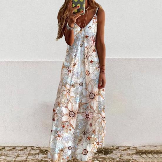 Women's Floral Cami Maxi Dress Spaghetti Strap V Neck Long Dress Casual