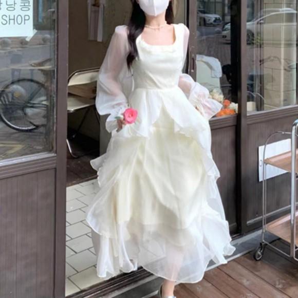 French square collar sweet and gentle fairy style dress women's summer new women's clothing waist thin medium and long skirt