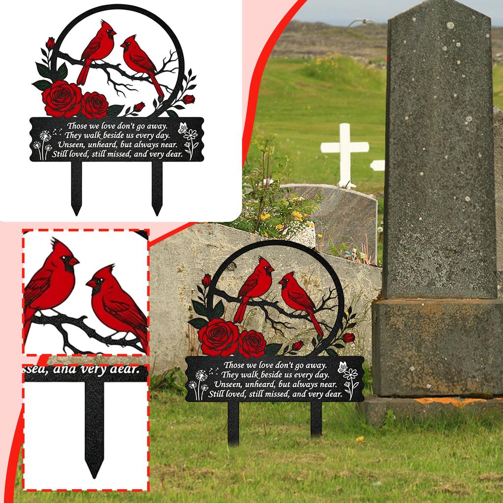 Metal Memorial Plaque for Cemetery Creative Garden Yard Decoration with Cardinal and Rose Design Inspirational Quote Stake for Outdoor Use