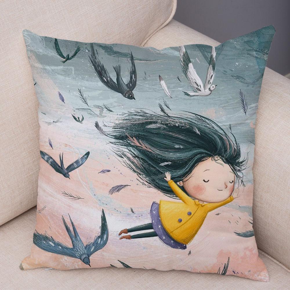 Super Soft Plush Pillow Case for Sofa Home Watercolor Cartoon Girl Cushion Cover Decor Fairy Tale World Lovely Child Pillowcase