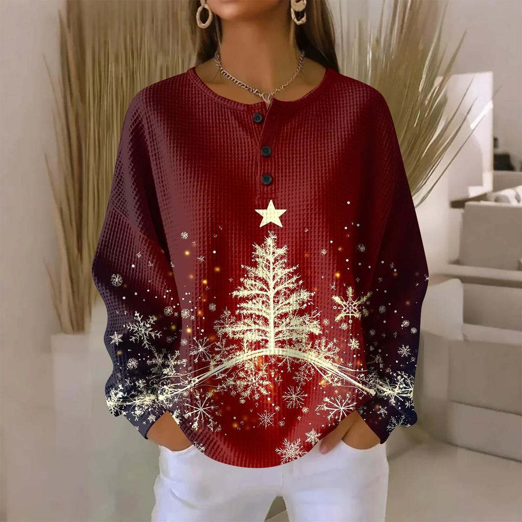 Camicia da donna alla moda casual con stampa natalizia, scollo a V, maniche lunghe e abbottonatura.