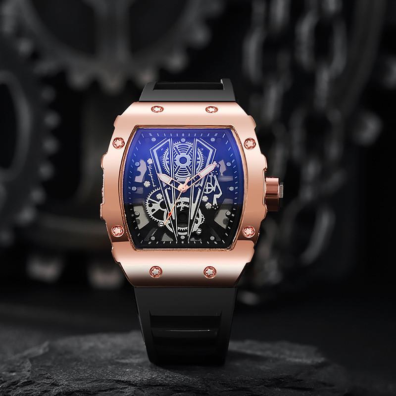 Hollow Richard Wine Barrel Shape Quartz Watch For Men Business Calendar Silicone Strap