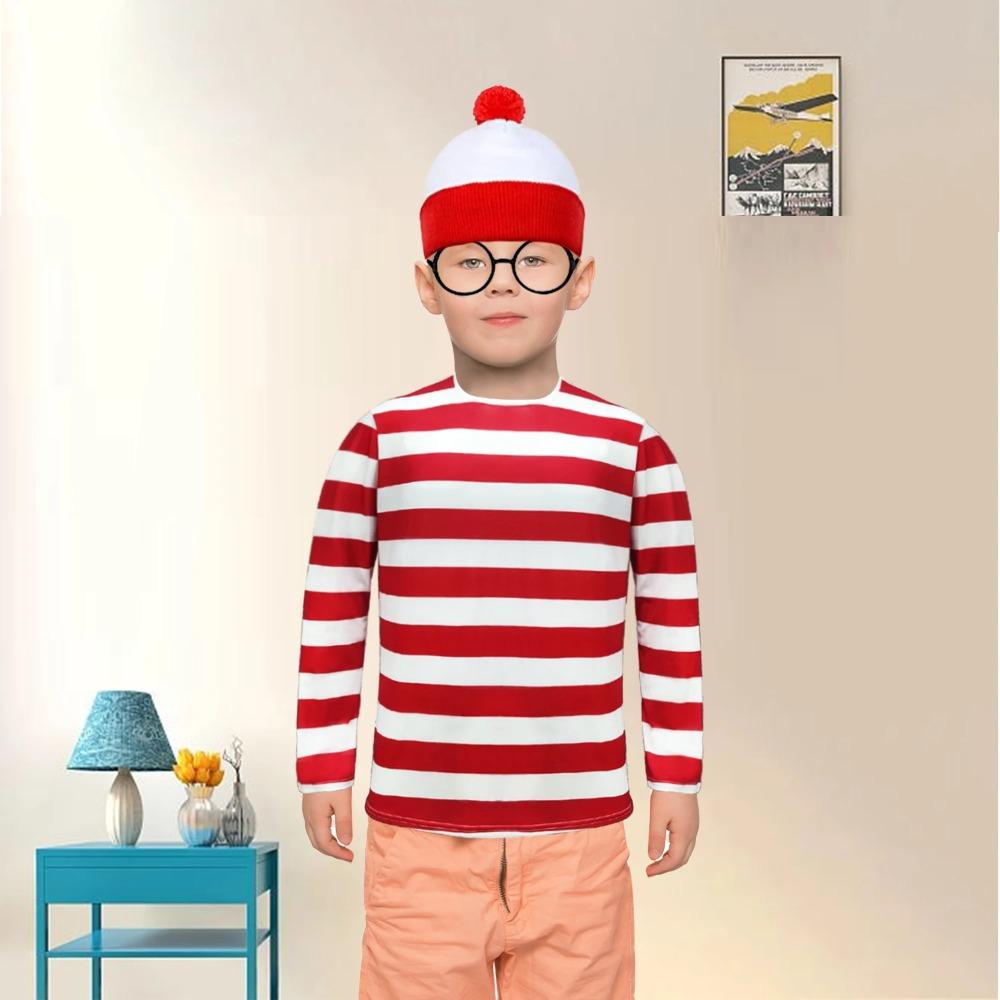 Anime Where is Wally Cosplay Costume Waldo Disguise Red White Striped Shirt Glasses for Kids Christmas Halloween Pary Clothes