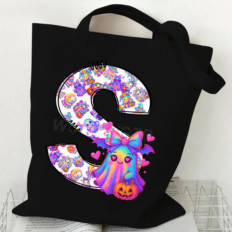 Halloween Alphabet Canvas Bag Going Out Portable Handbag Women's Large Capacity Casual Shoulder Crossbody Bag