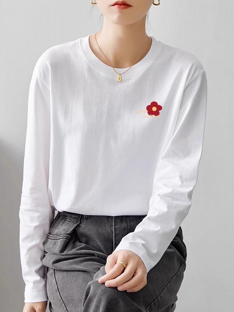 

Women s White Cotton Long Sleeve T-Shirt with Red Flower Design - Versatile, Age-Reducing, Perfect for Spring and Autumn XXL