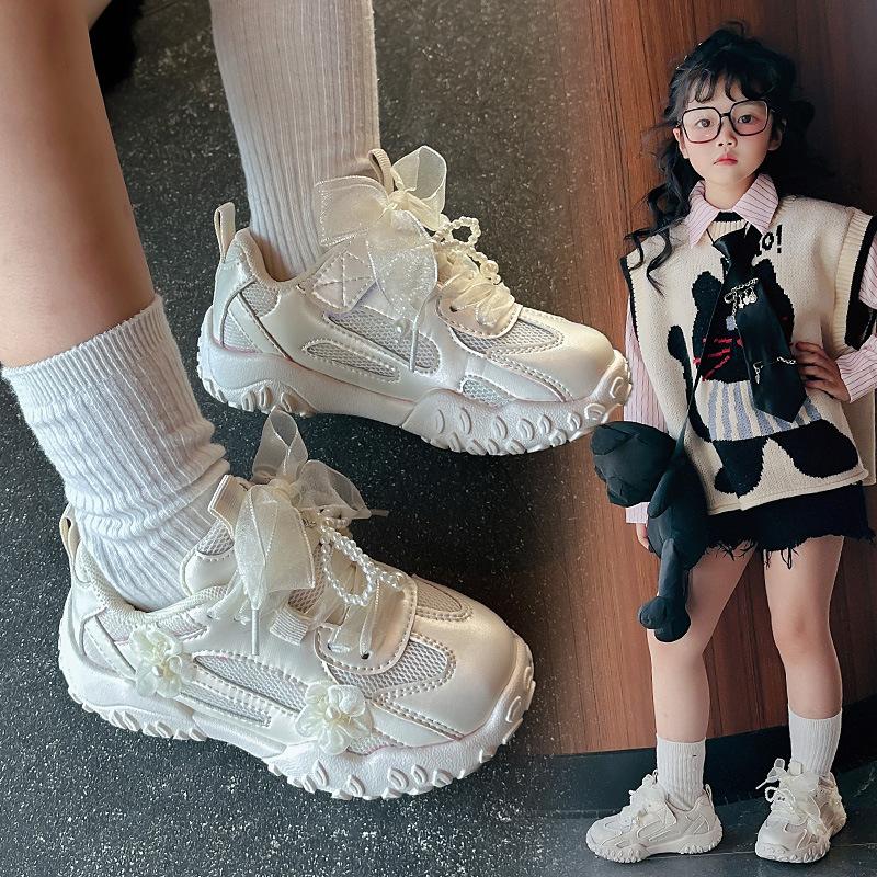Girls Princess Sports Shoes Non-slip Flowers Mesh Lace Bow Kids Running Shoes Breathable 2025 New Children Casual Shoes Sweet