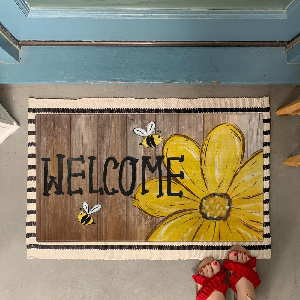 1Pcs Bee Happy SunflowerPattern Floor Mat Modern Kitchen Polyester Rug, Non-Slip Colorful Indoor Carpet, For Home Bathroom Bedroom Living Room Decor