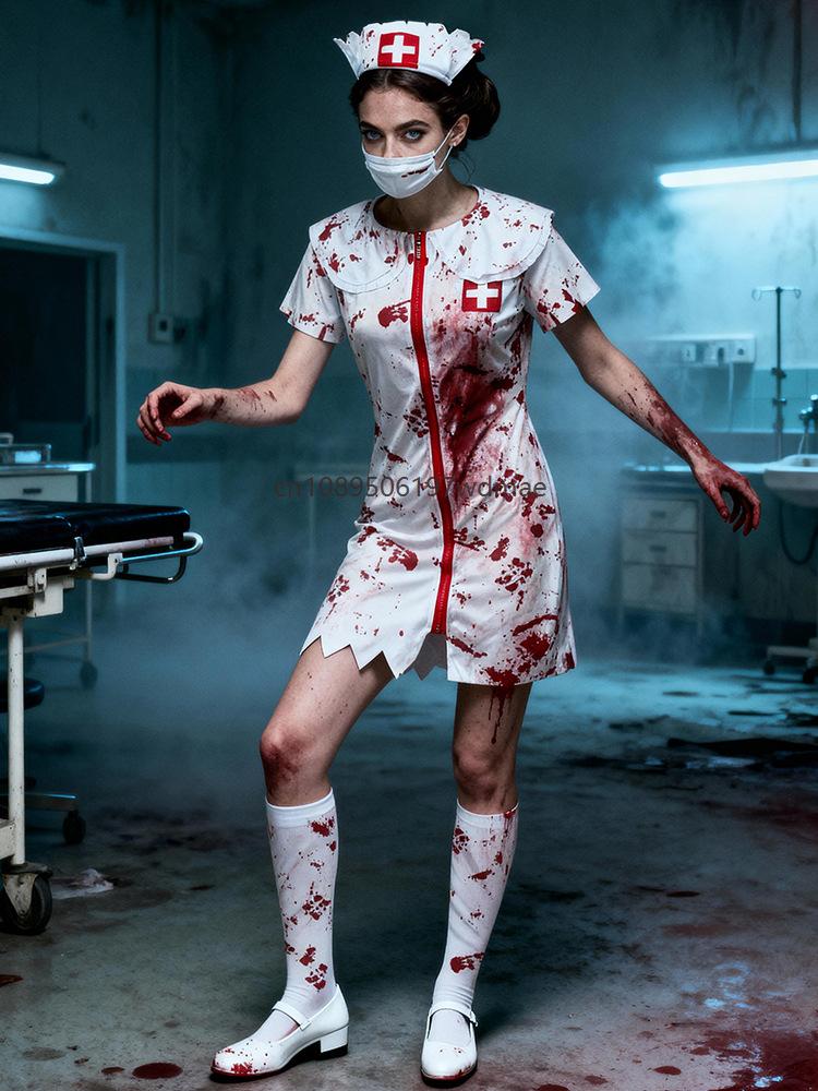 Zombie Doctor Nurse Couple Costume Bloody Scary Hospital Outfit Adult Horror Halloween Masquerade Cosplay Fancy Dress Set