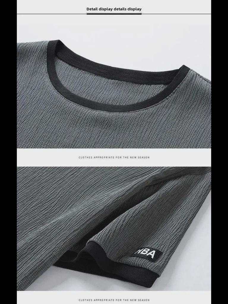 Set Casual din Mătase de Gheață pentru Bărbați, din Două Piese: Top cu mânecă scurtă și pantaloni scurți, croială largă, stil trendy de vară.