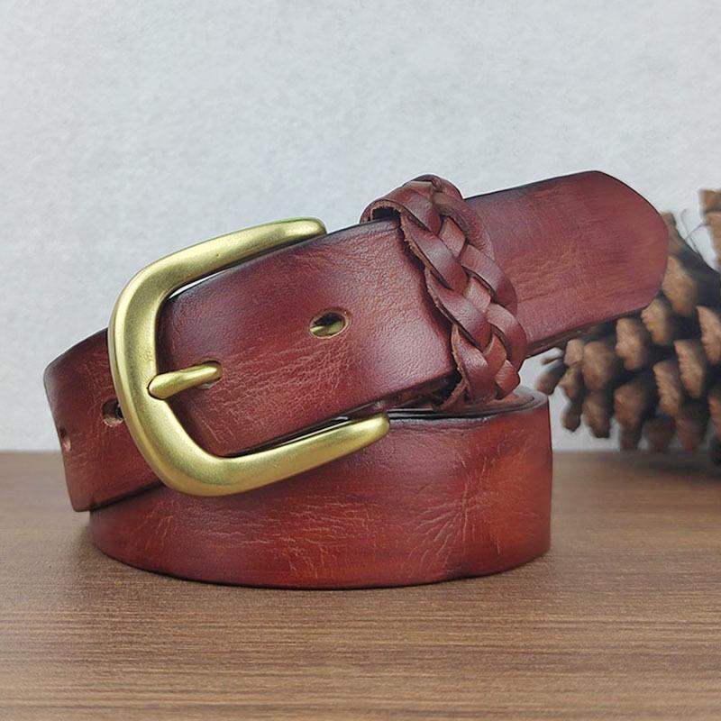 Brass Buckle Retro Hand-Polished Men S Belt Casual First Layer Pure Cowhide Youth Trend Pants Leather Belt 105cm