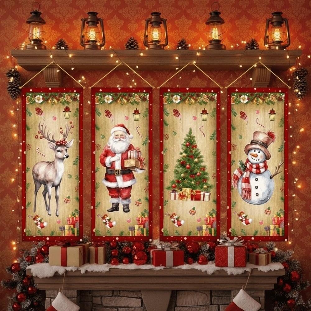 4pcs Elk Christmas Hanging Flag Large Size Xmas Cloth Wall Couplet Merry Christmas Banner Garden