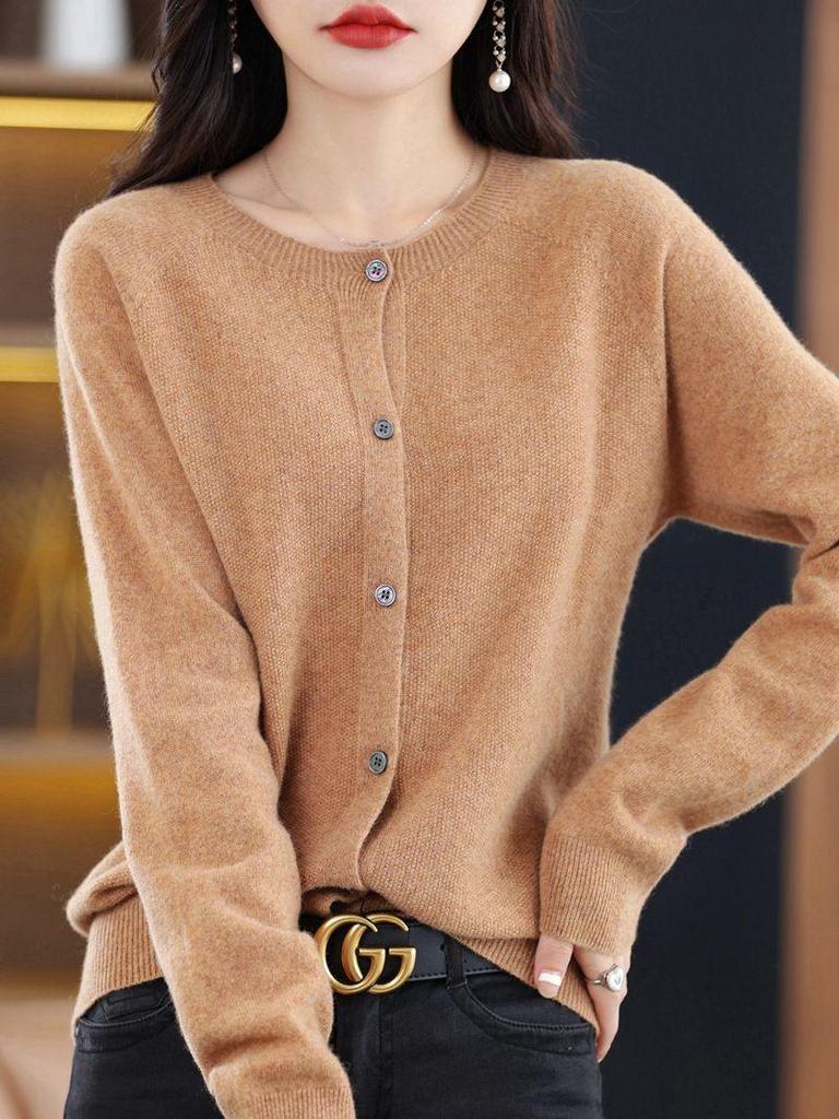 Women's Round Neck Knit Cardigan - Korean Style Loose Sweater, Garter Stitch Outerwear for Spring and Autumn