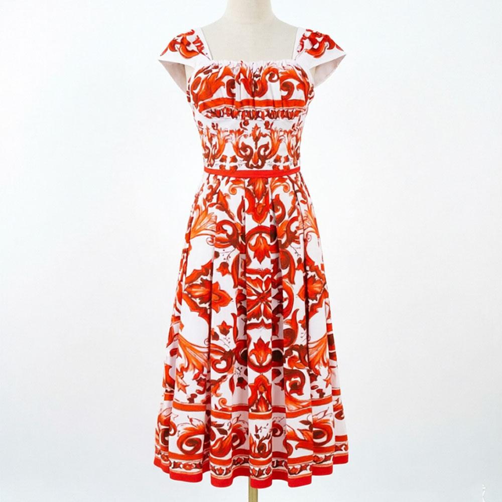 2026 New Summer Holiday Orange Flower Print Midi Dress Women's Square Neck Short Sleeve Backless A-Line Boho Dress