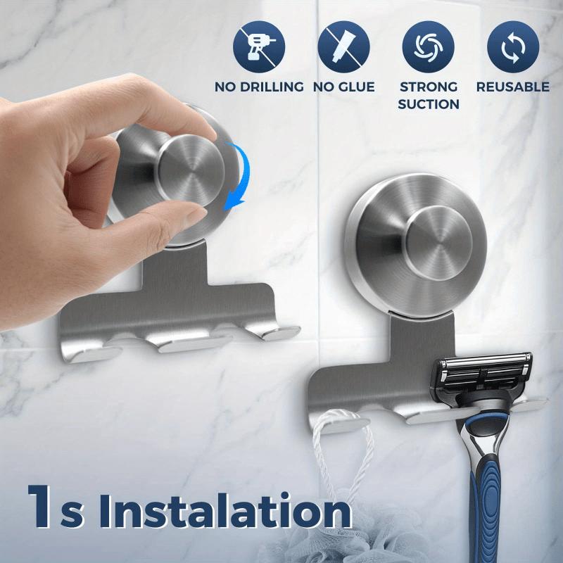 Heavy-Duty Stainless Steel Suction Cup Razor Holder for Shower Stainless Steel Bathroom Wall Mount, Damage-Free Removable Holder for Towels