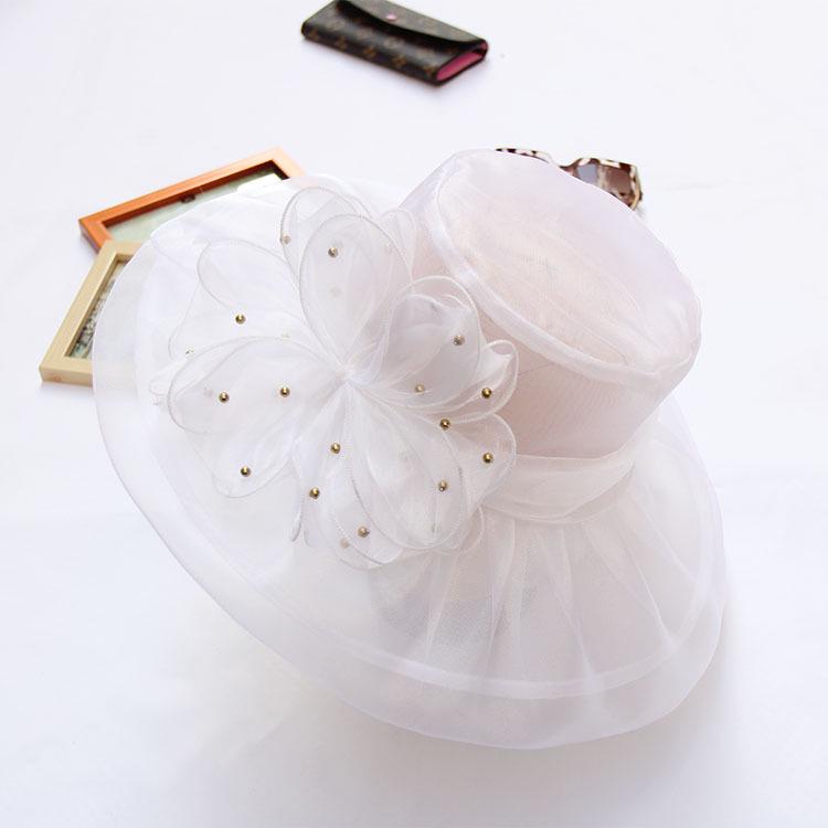 New Retro Wedding Hat Pearl Mesh Flower Top Hat Double Organza Sunshade Big Eaves Hat Sun Hat Women