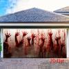 A 2D graphic design featuring a hand covered in blood reaching across a Halloween party banner.