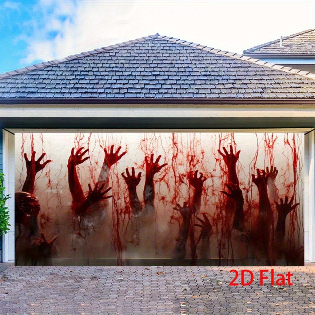 A 2D graphic design featuring a hand covered in blood reaching across a Halloween party banner.