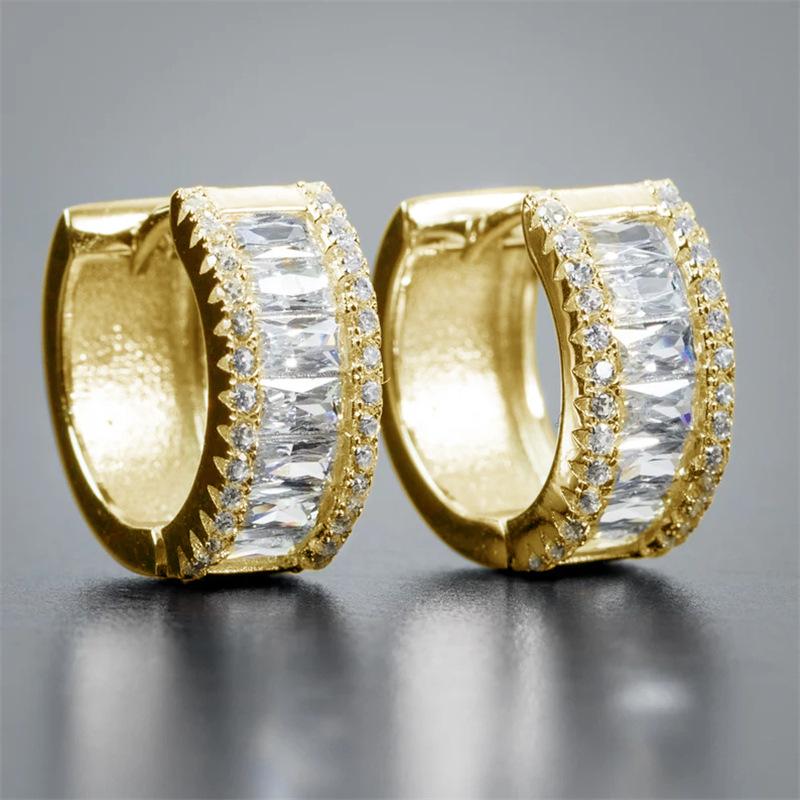 Wide Curved Half Hoop Earrings Center Baguette Cut Cubic Zirconia with Side Round Stone Paved Silver Tone Formal Banquet Ladies Accessories
