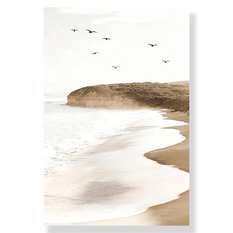 Nordisk moderne kunst Bilde Lerretsmaleri Veggkunst Golden Leaf Beach Scenery Plakat og trykk for hjemmeinnredning Stuedesign