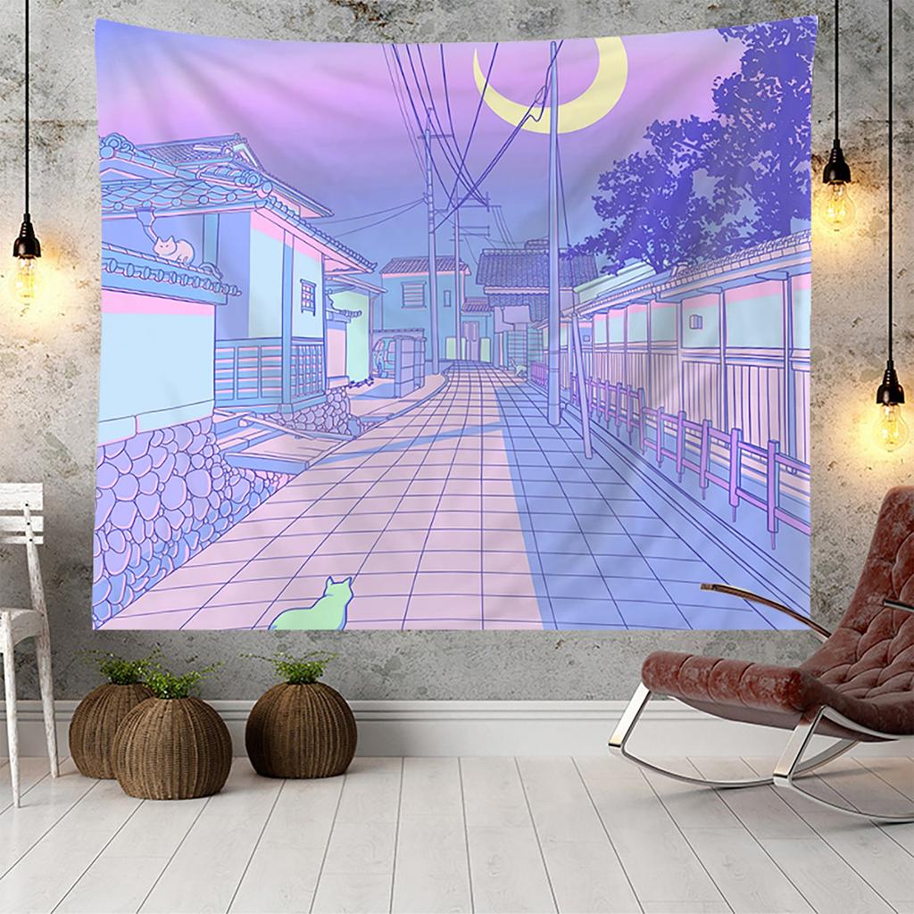Pink Moonlight Wall Hanging Tapestry Japanese Pink Wall Hanging House Cat Wall Decor Wall Blanket Wall Cloth Home Decor