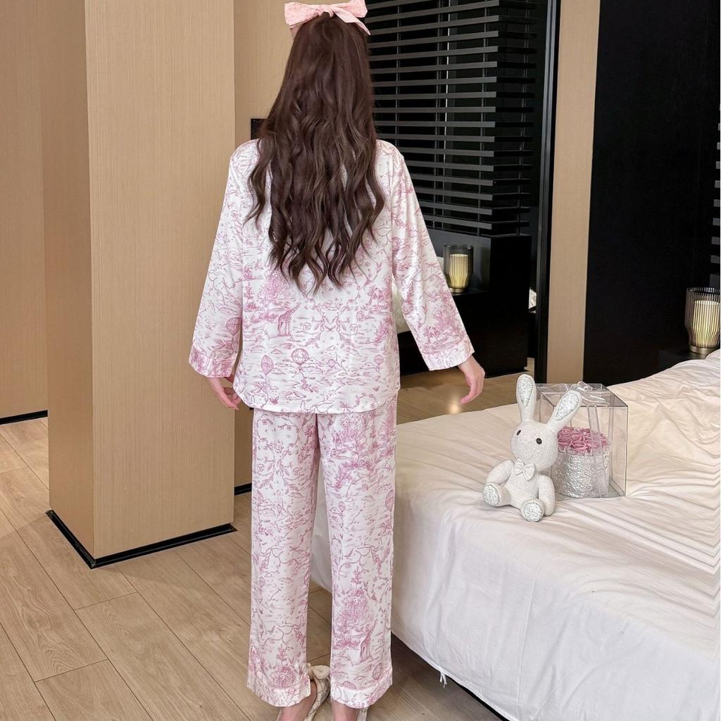 Ice Silk Pajamas Spring and Autumn High-end Long-sleeved Suit Imitation Acetic Acid Loungewear Girl Sweet Wind Pajamas 1110