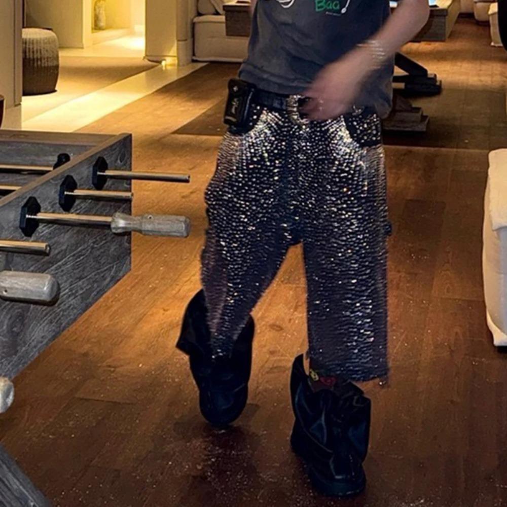 Streetwearové volné džínové šortky s celoplošným potiskem z kamínků pro muže, s roztrhanými dírami, prané, krátké, ležérní, volné, pětikapsové