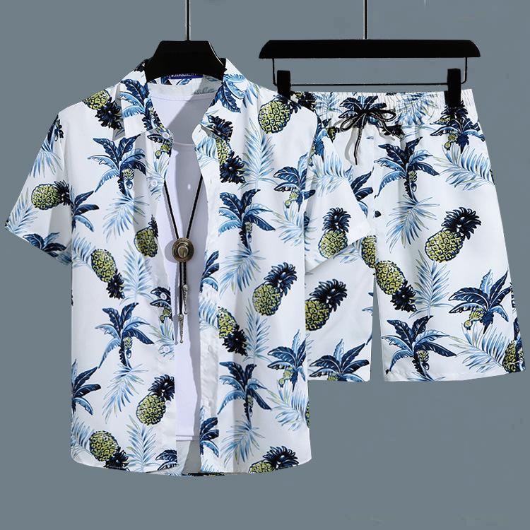 Herren Retro Blumen Kurzarm Hemd Set - Hainan Strandmode, Sanya & Hawaii Stil