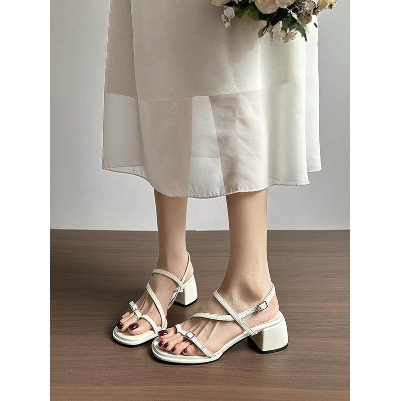 Soft leather version~ brown with Roman sandals 2025 summer new thick heel retro style with skirt beautiful toe sandals