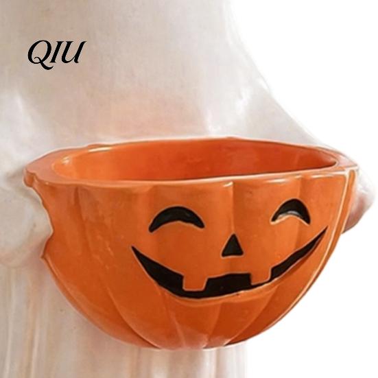 Holiday Party Buffet Tableware Resin Ghost Statue with Pumpkin Candy Bowl, Cute Figurine, Trick Spooky Season Entryway Accents or Treat Holder