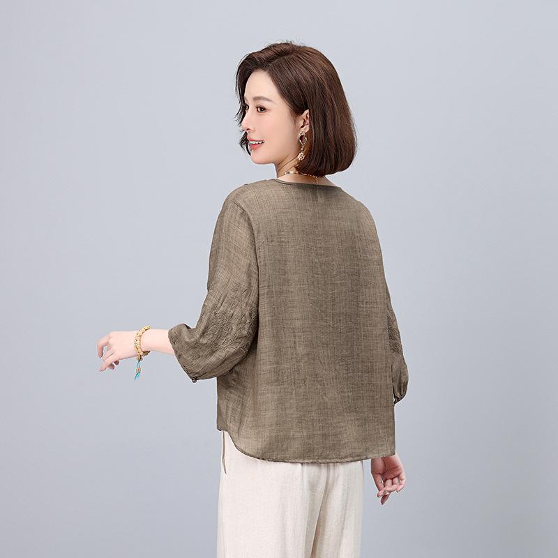 Women's Summer 2025 V-Neck Embroidered Ramie Blouse - Elegant Seven-Sleeve Design for Middle-Aged Ladies