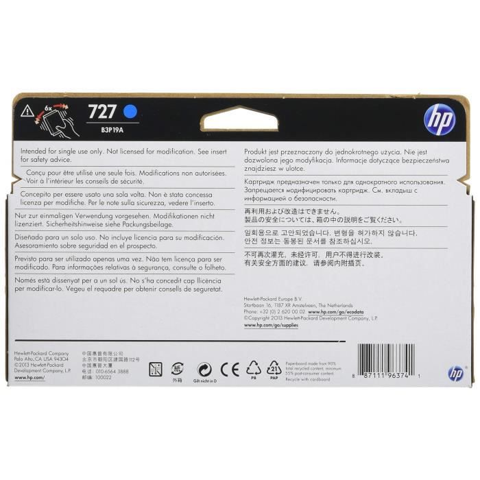 Cartouche d'encre HP 727 - Bleu - Jet d'encre - Capacité 130 ml
