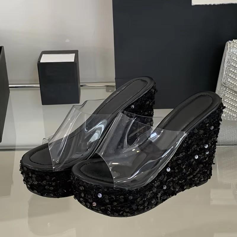 Fashion Silver Metal Flowers Women Wedges Slippers Sequined Platform High Heels Transparent Sandals Female Party Prom Shoe