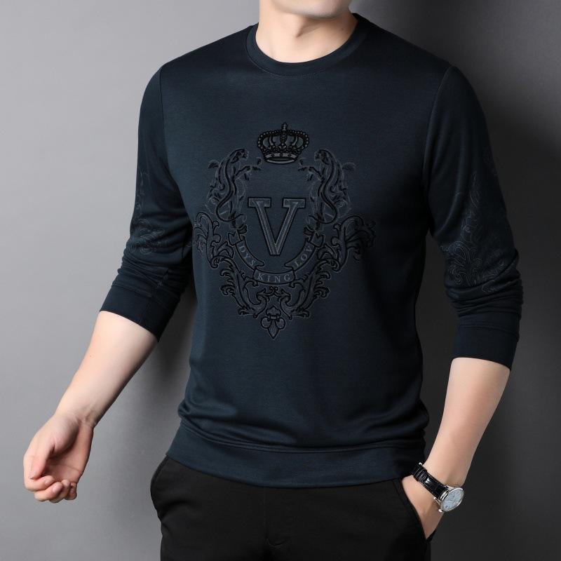 

Новая мужская футболка с длинными рукавами, рубашка-поло, повседневная трендовая папина весенняя однотонная рубашка с круглым вырезом L