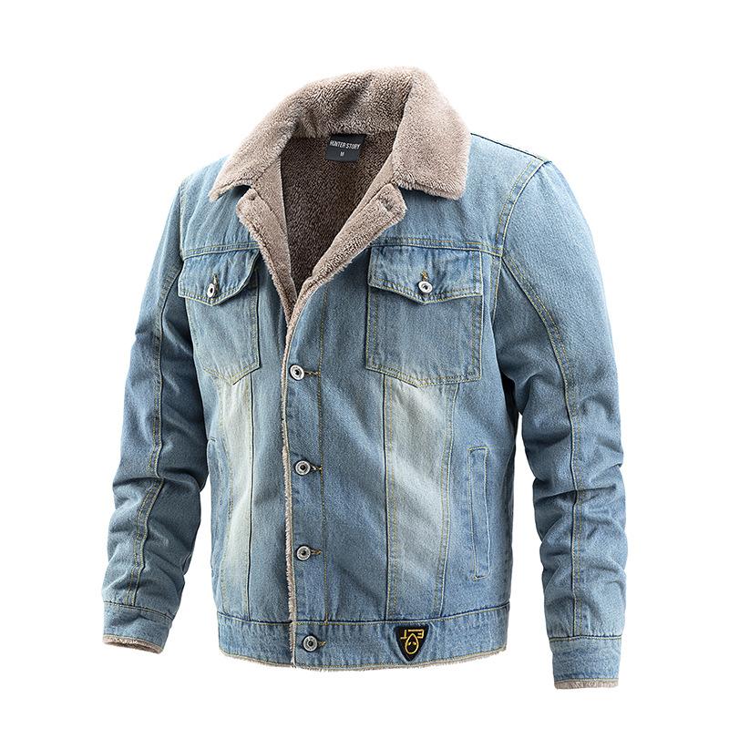 Herren Sherpa gefütterte Trucker Jacke Revers Baumwolle Cargo Jacke Lässig Knopf Militärjacke Warmer Herbst Winter Parka für Herren Cowboy Denim Jeansjacken