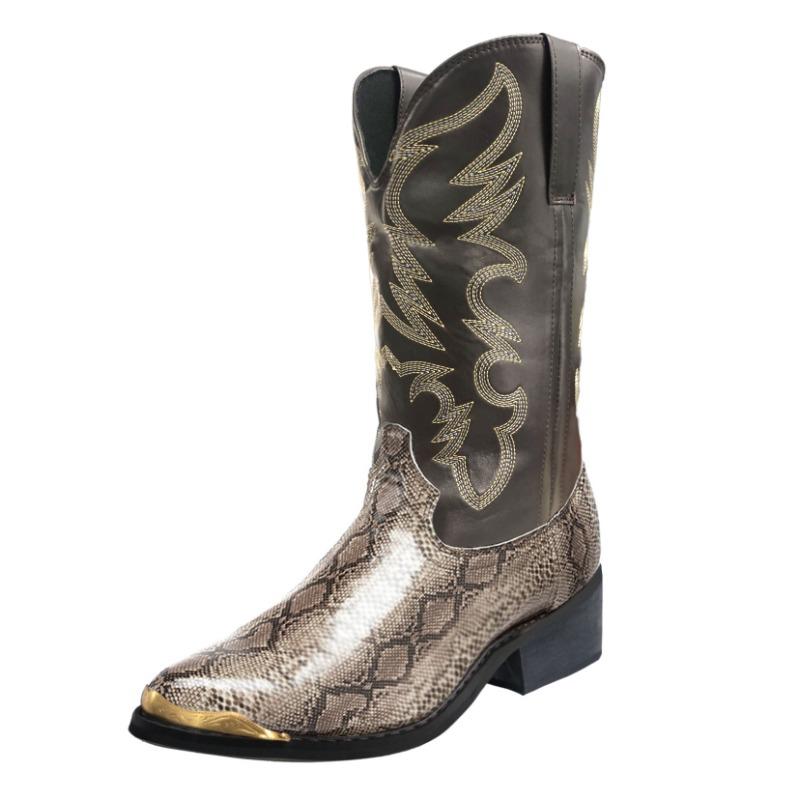 Men's Boots Designer Snake Pattern Mid-calf Boots Classics Embroidered Men's Western Cowboy Boot Pointed Toe Leather Boots Botas