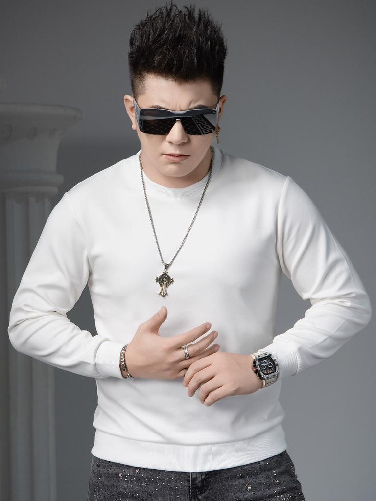 European Style Solid Color Crew Neck Sweatshirt for Men, Long Sleeve, Autumn 2025 New Trendy Casual Top, Men's Base Layer Shirt