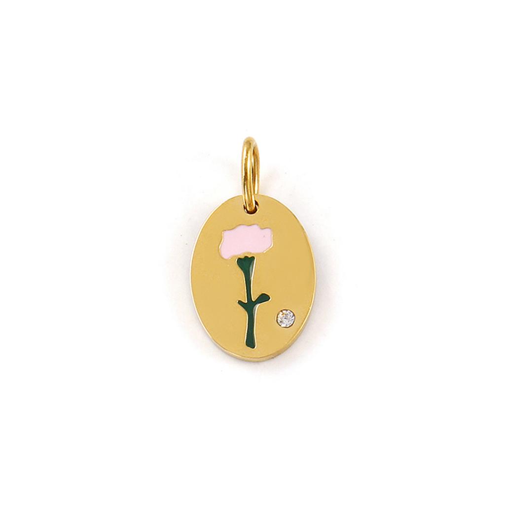 1 Piece 304 Stainless Steel Birth Month Flower Charms Enamel Oval Flower Clear Cubic Zirconia Pendants DIY Necklace 20mm X 11mm