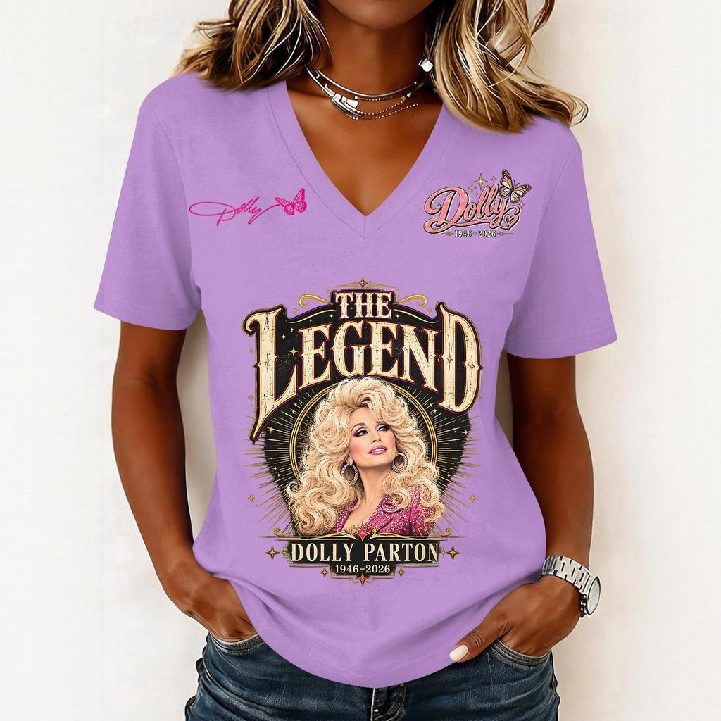 Women's Casual V-Neck Short Sleeve Letter Print Pullover Top