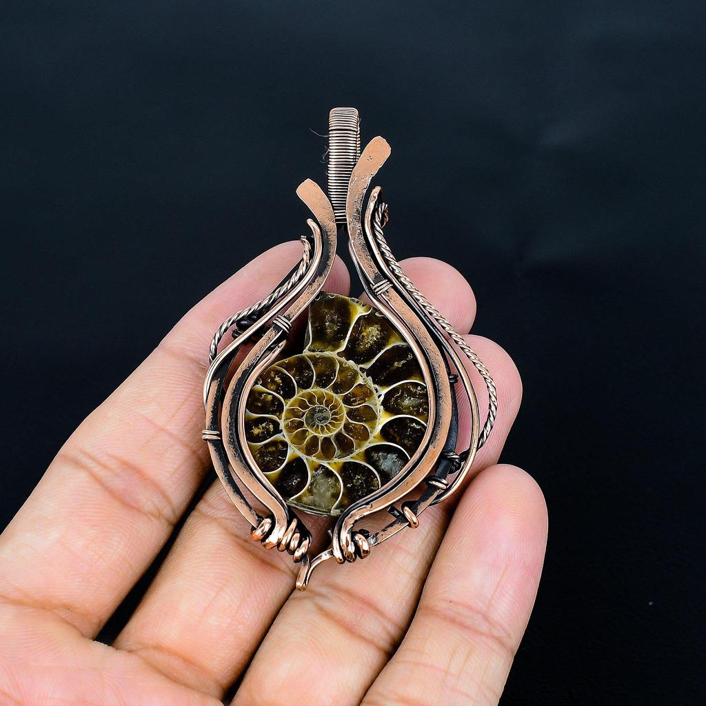 Ammonite Fossil 999 Copper Wire Wrapped Pendant, Handmade Gemstone Jewelry Pendant For Memorial Day