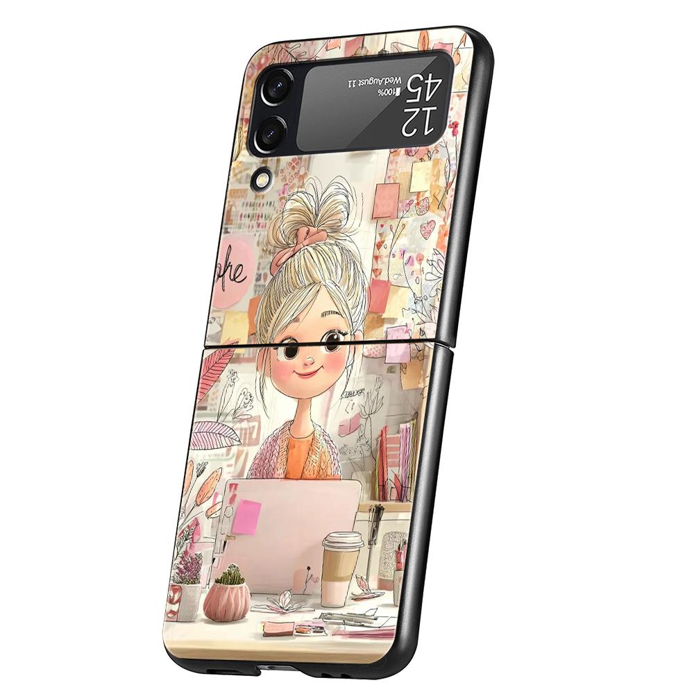 Hard PC Phone Case For Samsung Galaxy Z Flip 7 6 5 4 Black Cover For Galaxy Z Flip 3 Foldable Shockproof Capas Cartoon Girl Bags