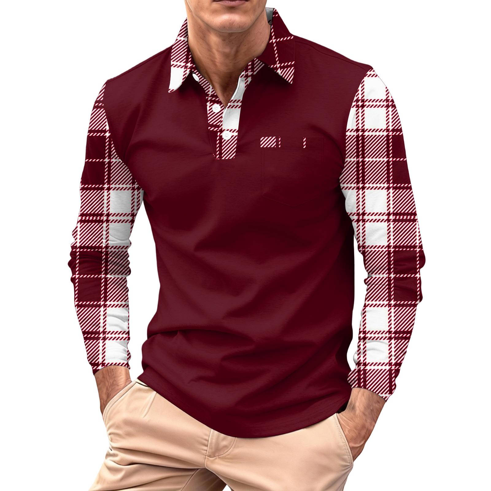 

Men s Long-sleeved Collared Button-down Pocket Casual Top XL червоний