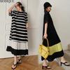MODIQUE Sommer Plus Size Neue Damen Lose Minimalistische Streifen Plissee Patchwork Lange Kleider Weibliche Casual Kurzarm O-Ausschnitt Kleider