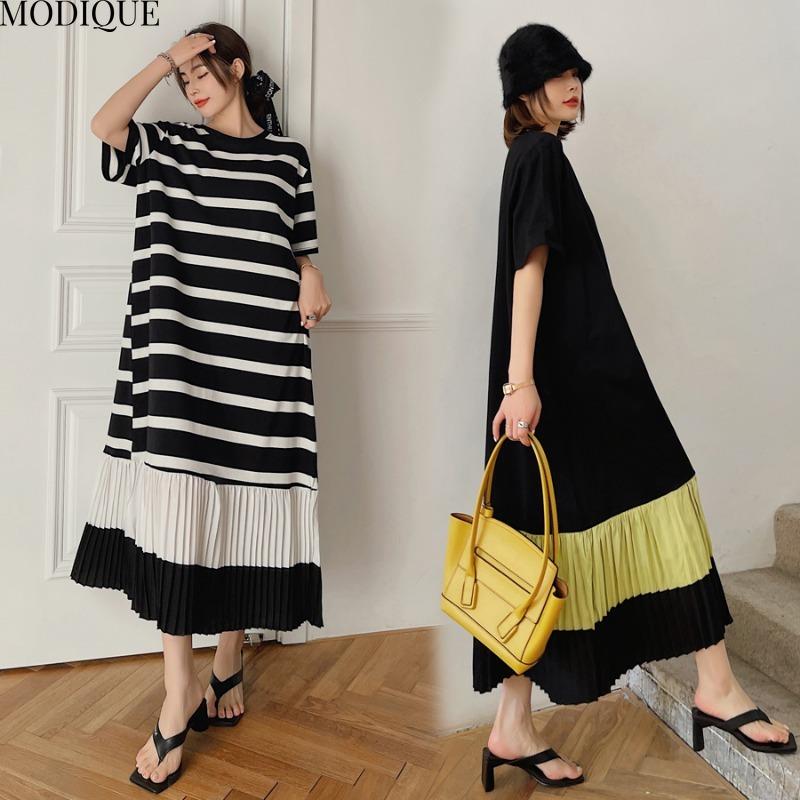 MODIQUE Sommer Plus Size Neue Damen Lose Minimalistische Streifen Plissee Patchwork Lange Kleider Weibliche Casual Kurzarm O-Ausschnitt Kleider