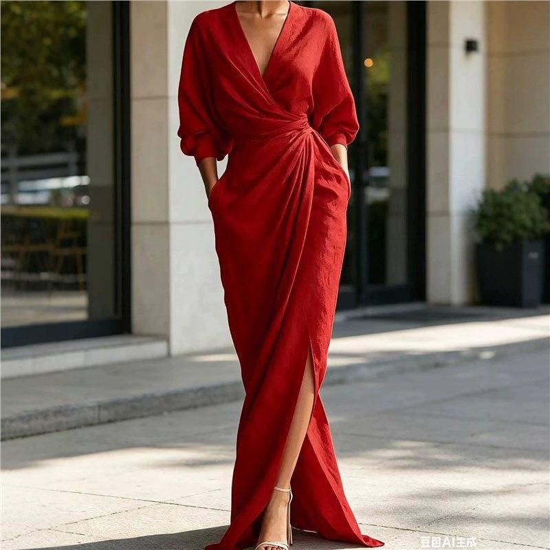 European and American new elegant solid color V-neck long-sleeved split waist pocket long dress