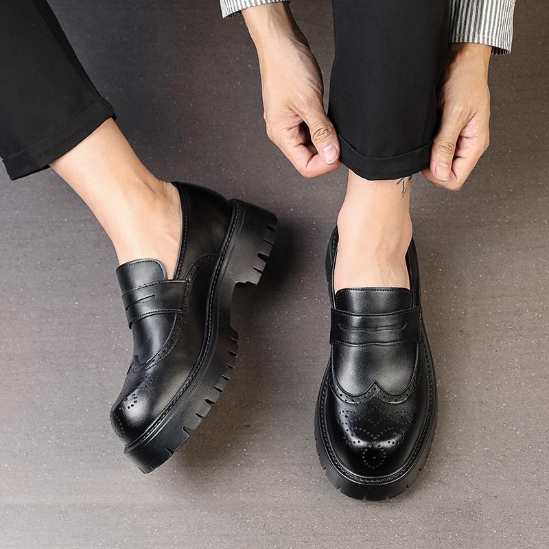 Vintage Brown Men's Brogue Leather Shoes Autumn Round Toe Platform Loafers Man Casual Formal Business Shoes mocasines hombre