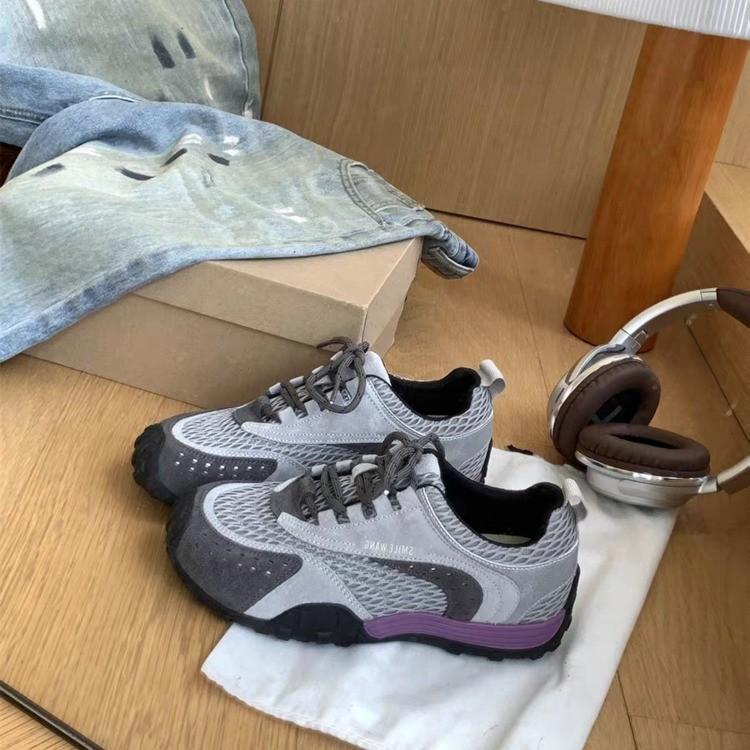 Autumn New Leather Mesh Soft-soled German Training Shoes Women's Versatile Color Matching Fashion Casual Height-increasing Sports Forrest Gump Shoes