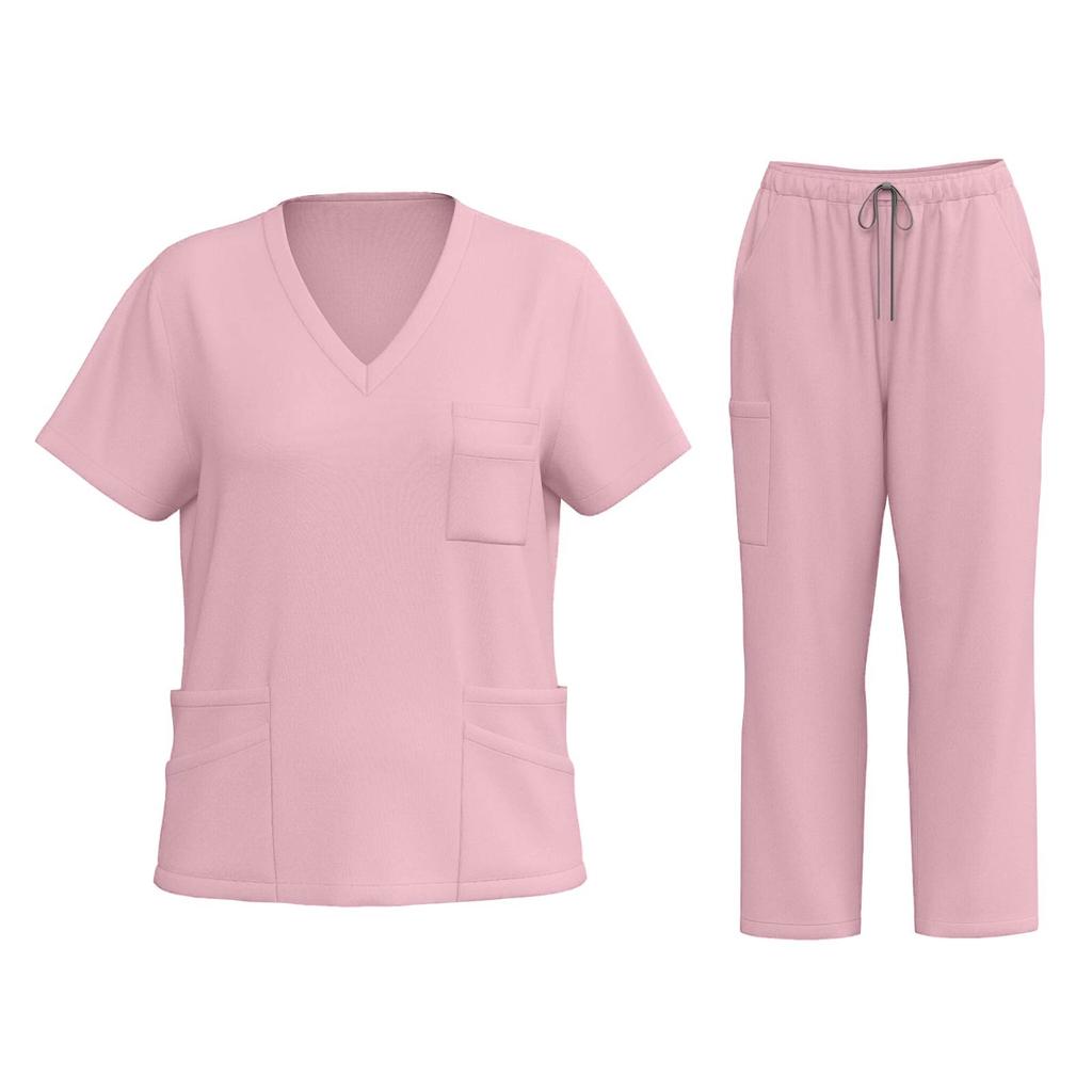 Women's Fashion Short Sleeve V Neck Pattern Tops Pocket Working Set