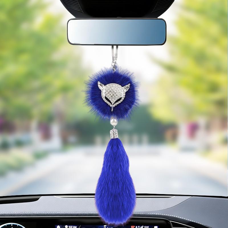 Pingente de Carro Moda Diamante Cristal Bola de Pelo Elemento Raposa/Cisne Decoração Espelho Retrovisor Automóvel Enfeites Pendurados Acessórios azul