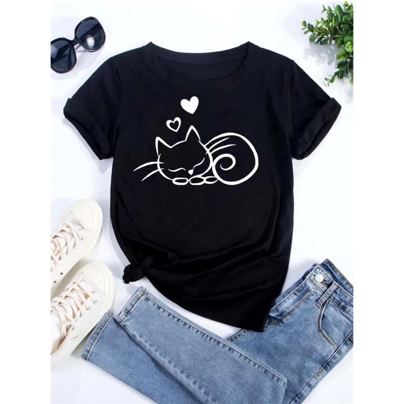 New Cute Love Heart Cat 3D Print Women T-Shirt Casual Summer Women's Clothing Cartoon T-Shirts